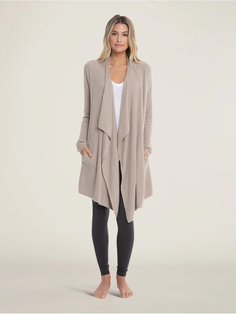 Barefoot Dreams Taupe Open-Front Draped Cardigan